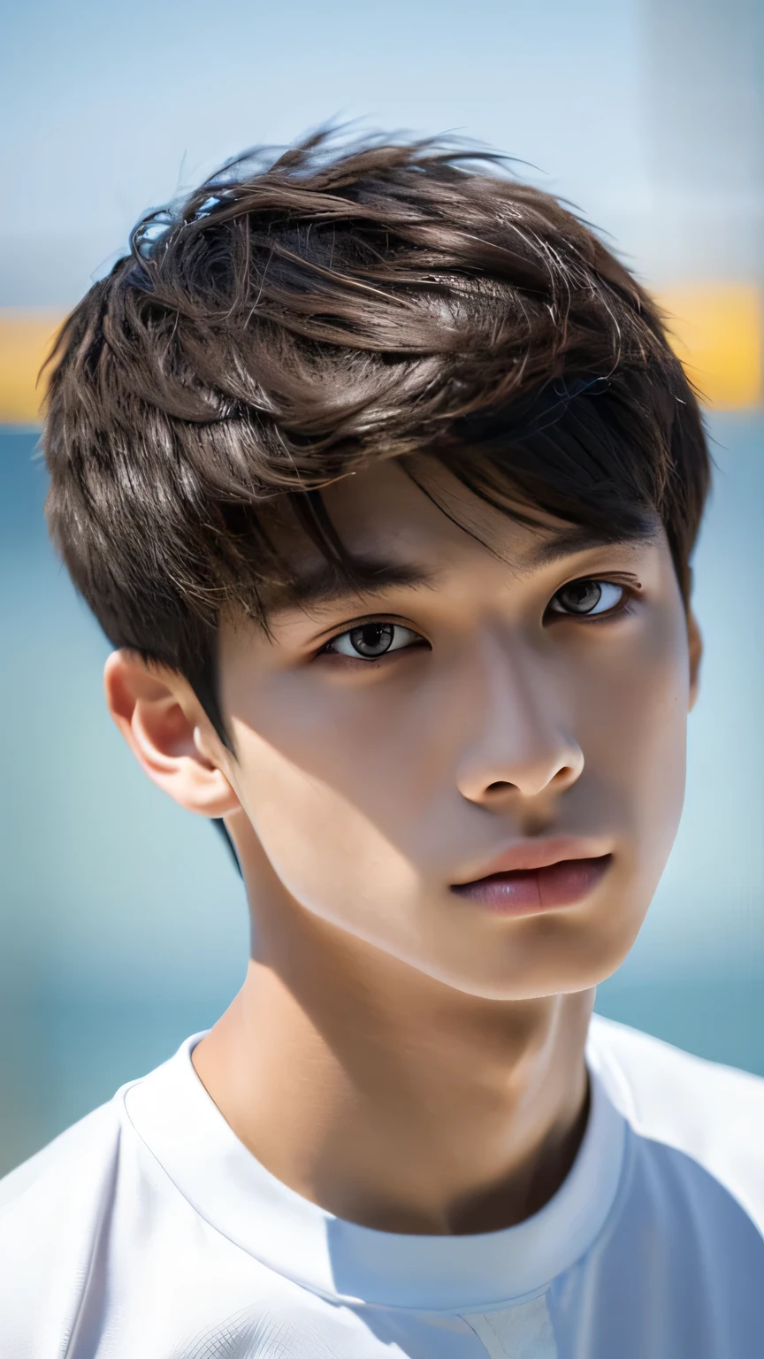 Highest quality, masterpiece, Ultra-high resolution, (Realistic: 1.4), Original photo, wallpaper, Head Photo, skin, Simple Background, Iris, detailed, Selfie, 1 boy, 18-year-old, good looking, Wind,soccer ball
