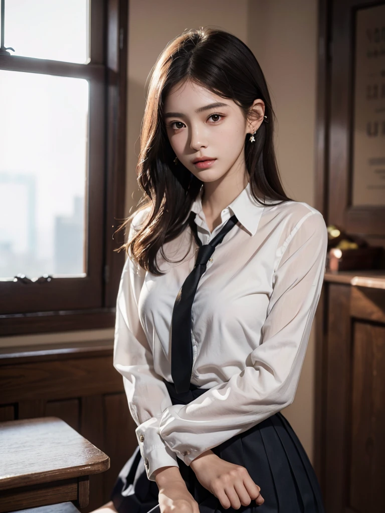 absurdres, RAW photo, extremely delicate and beautiful, masterpiece, Best Quality, ultra high resolution, 32k, hyperrealistic, ultra-detailed, perfect anatomy, super Detailed skin, perfect figure, Super Beauty, Perfect Style, Perfect balance, Beautiful Lighting, Perfect Lightning, Realistic Shadows, 20 years old, very Slim body, narrow waist, very small head, very small face, delicate facial features, handsome detailed woman, very detailed eyes and face, realistic face proportions, Realistic beautiful face, Realistic beautiful eyes, tearful mole, earring, very huge round breasts, medium hair, asymmetrical hair, (full body shot:1.2), indoor, short skirt, (school_uniform:1.2),