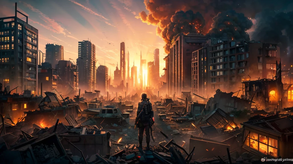 anime scene of a city with a lot of candles and trees, post apocalyptic tokyo, anime scenery concept art, anime background art, outdoors ruined cityscape, in a ruined cityscape, background is a city in ruins, ruined city in the background, ruined cityscape, city ruins background, an ancient city on fire, city ruins in the background, fire, dreamy, attack on titan scenery