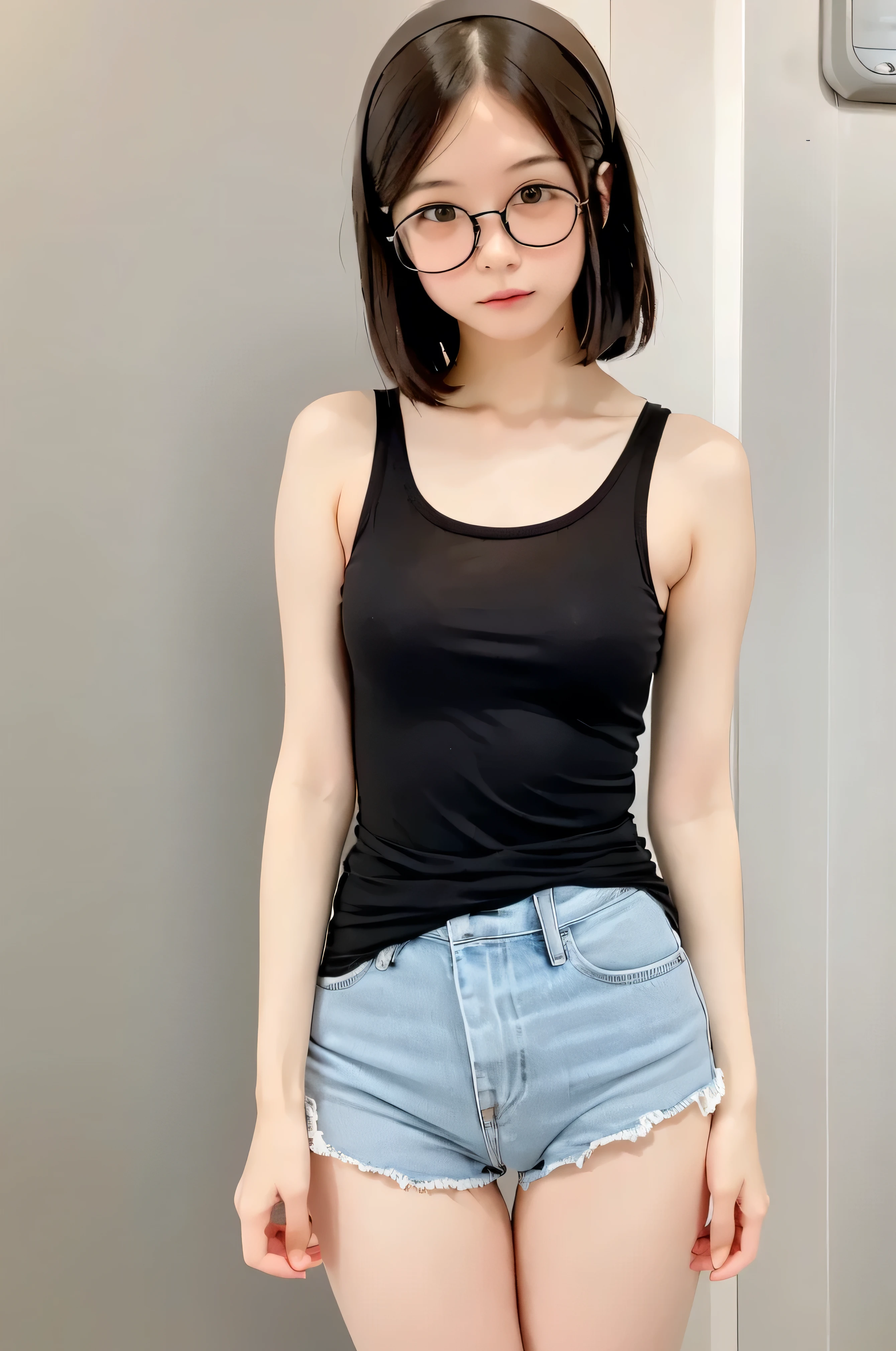 (masterpiece, Highest quality, It captures a very cute moment, Depth of written boundary, Super detailed, Ultra-high resolution, C4D, Octadale, 3D Modeling,Realistic human photos、 8k, 16K, One Girl,, 、Small breasts,Black Hair,short hair,Straight Hair,Light brown eyes,White headband,Wearing black glasses,Cute Face), Bloomers, Black tank top, zettai ryouiki, Wet clothes,Classroom Nights,Moonlight, Good elevator, Take off、Real-life skin、Not an anime、Realistic、