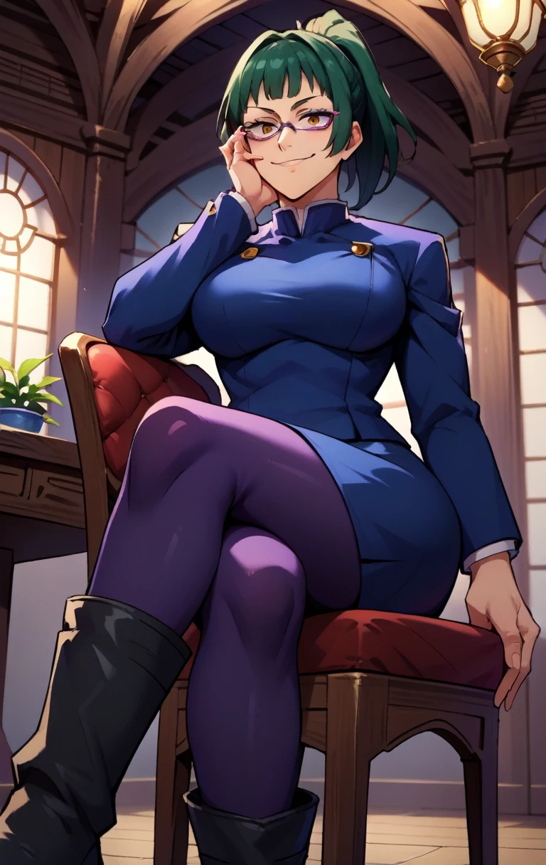 score_9, score_8_up, score_7_up, score_9, source_anime, BREAK MakizeninSDXL, 1girl, solo, breasts, looking at viewer, smile, short hair, bangs, skirt, large breasts, long sleeves, sitting, closed mouth, , jacket, golden eyes, ponytail, black pantyhose, boots, green hair, glasses, indoors, blue skirt, chair, from below, crossed legs, hand on own face, backlighting, hand on own cheek