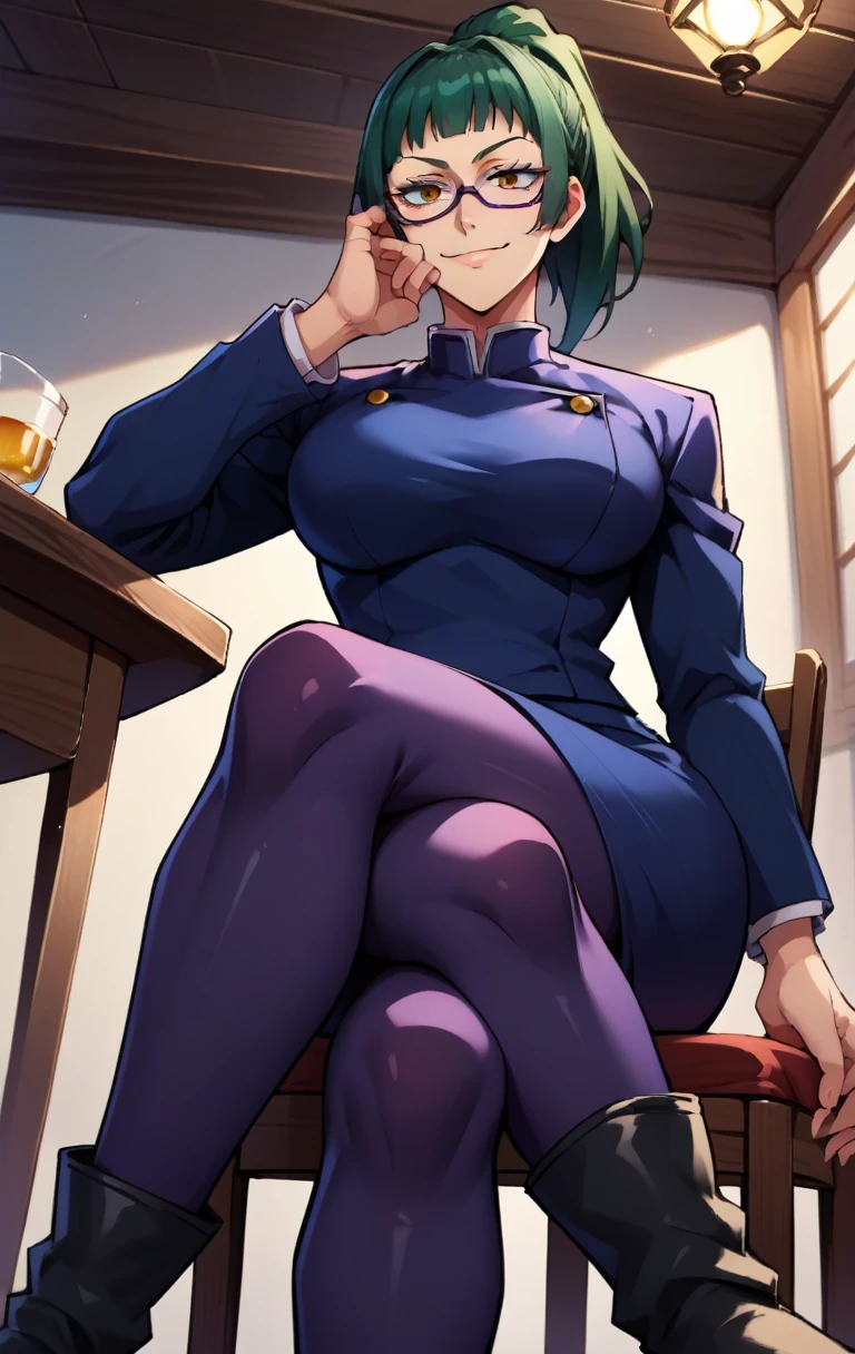 score_9, score_8_up, score_7_up, score_9, source_anime, BREAK MakizeninSDXL, 1girl, solo, breasts, looking at viewer, smile, short hair, bangs, skirt, large breasts, long sleeves, sitting, closed mouth, , jacket, golden eyes, ponytail, black pantyhose, boots, green hair, glasses, indoors, blue skirt, chair, from below, crossed legs, hand on own face, backlighting, hand on own cheek