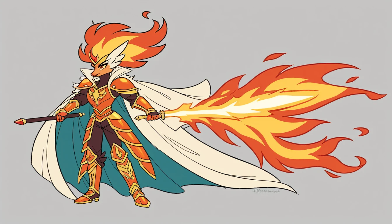 (Masterpiece, best quality), detailed, 1girl, ((character concept art)), ((character design sheet, same character, front, side, back)), many items, (Aveline has fiery red hair that seems to flicker like flames, and her eyes are a bright, burning amber. She wears armor that resembles phoenix feathers, with a long, flowing cape that looks like a pair of wings. She wields a flaming sword that ignites with her will.)