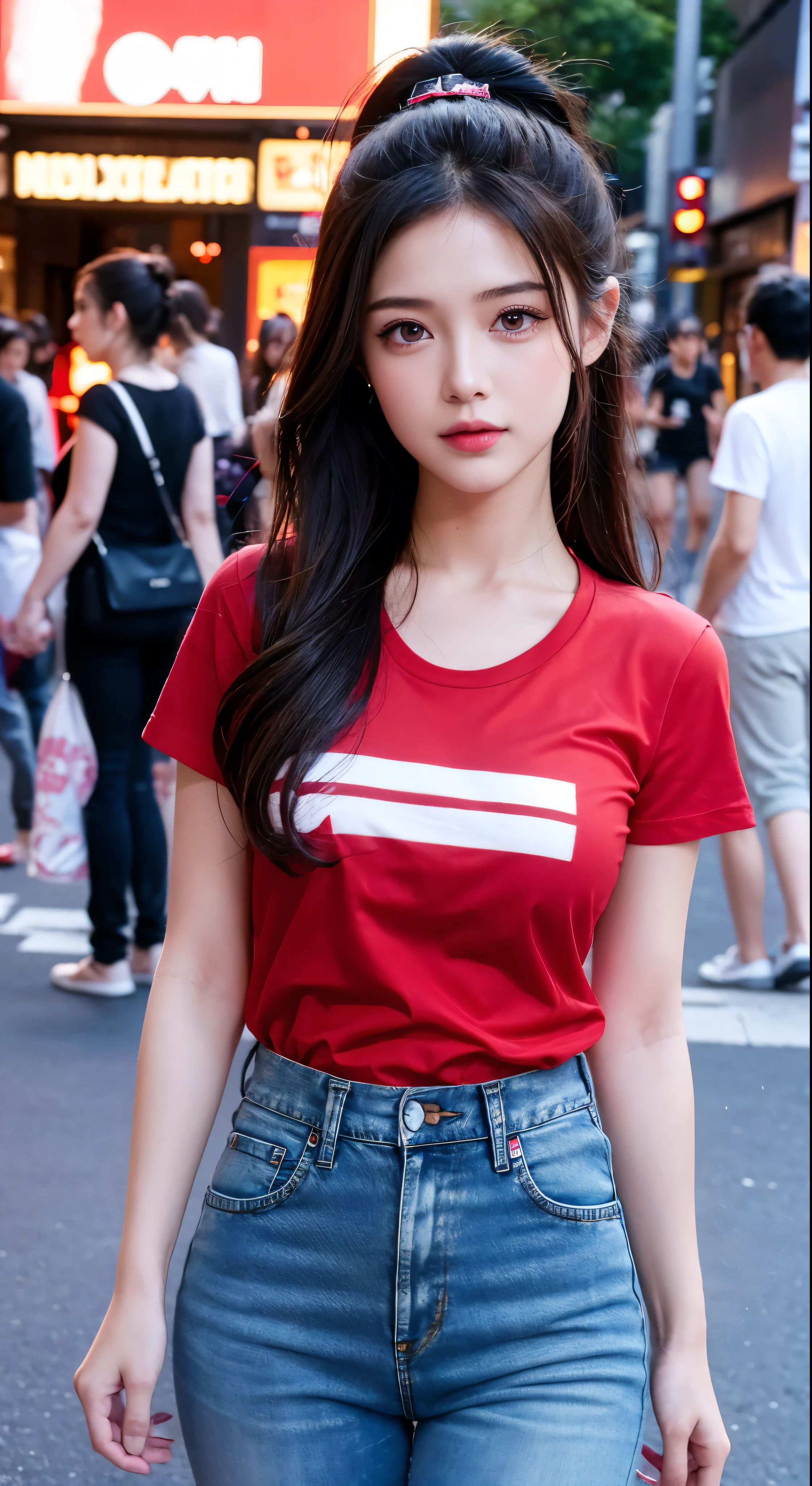 with high definition images,1girl, cute, young, Stylish beauty,Red T-shirt and denim pants，Facial details (3N1DS1NCL41R:0.9), Photorealistic photography, Highly detailed images, Street Photography, Harajuku{Highest quality}, {{masterpiece}}, {High resolution}Full body high quality images