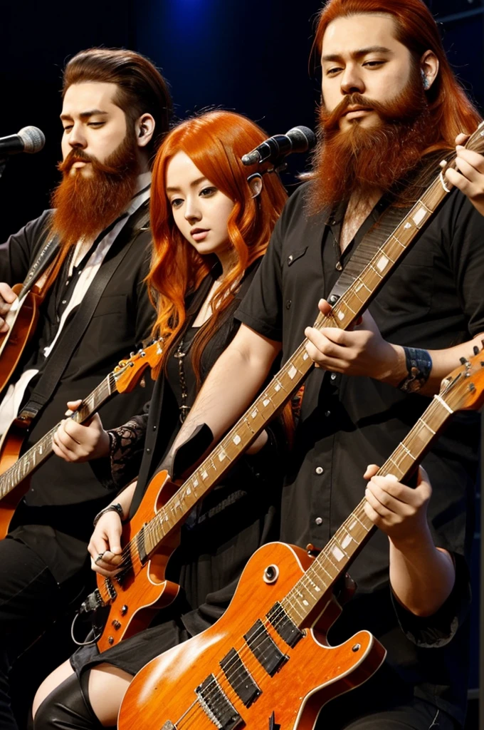 An otaku band with 4 members, female singer (orange hair), male singer and guitarist (short black hair short beard,drummer man long hair and big beard, guitarist man long hair big beard