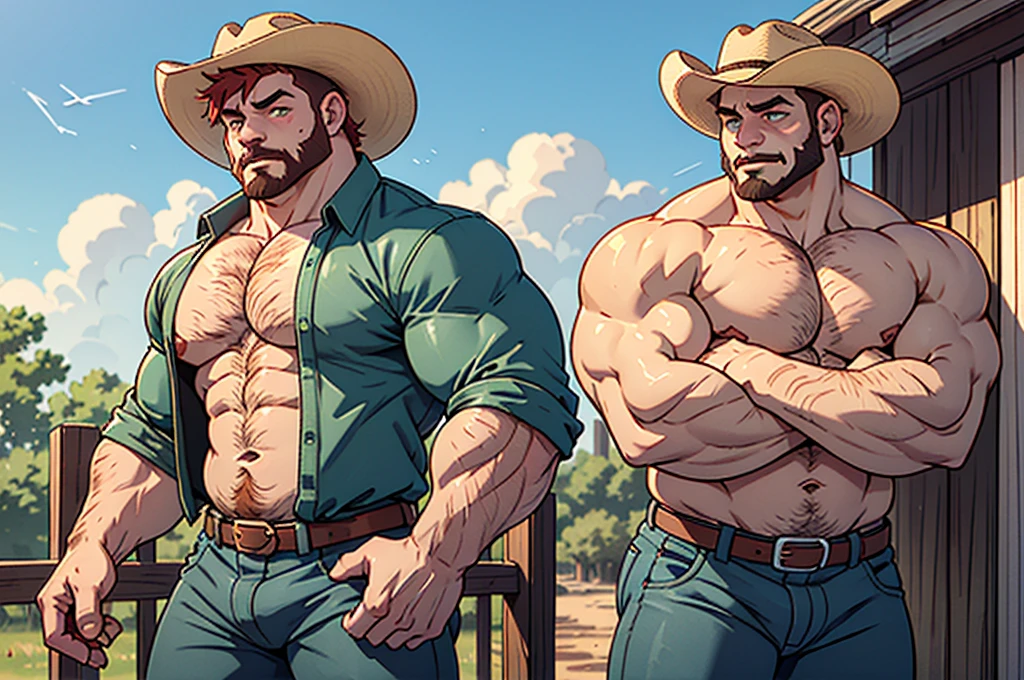 Tremendously huge and mega beefy cowboy Beefcake, Red hair, green eyes, huge thick thighs, colossal meaty butt, blue jeans, big lump, hairy chest, straw cowboy hat, huge muscular chest, protruding pectorals, unrealistically oversized pecs, leaning on a short fence.