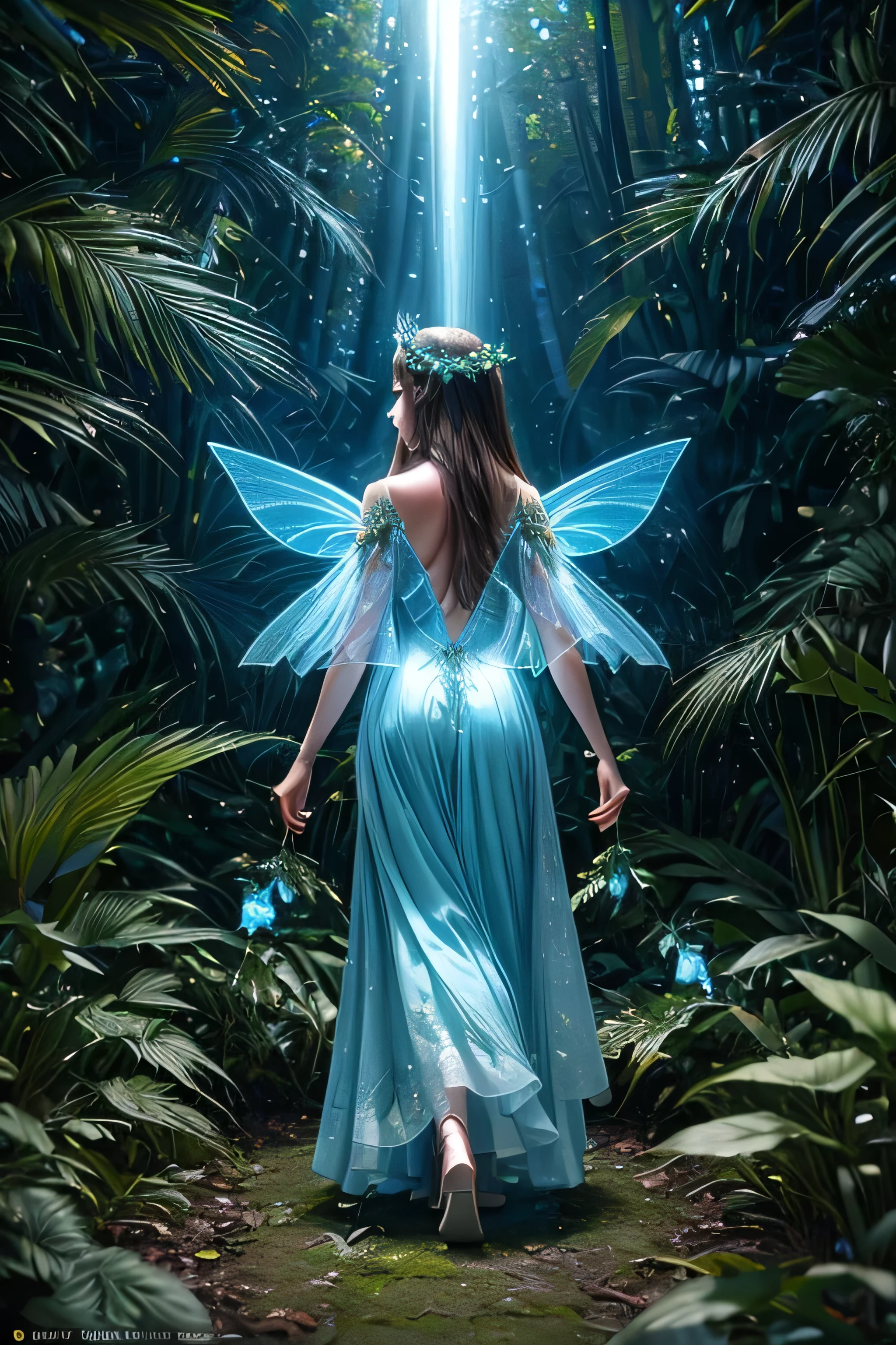 A fairy women wear long milk blue dress, long fairy ears, long brown hair, branch tiara, walk away and touching glowing leaves with her finger, background fairy jungle that have neon glow plants, ray of light, morning vibes, high class fashion, a lot of detail, ornaments, cinematic lighting, wide shot 50mm, low angle, back angle, back poses, full body shot, masterpiece, ultra detailed, hyper realistic, ultra hd, 8k