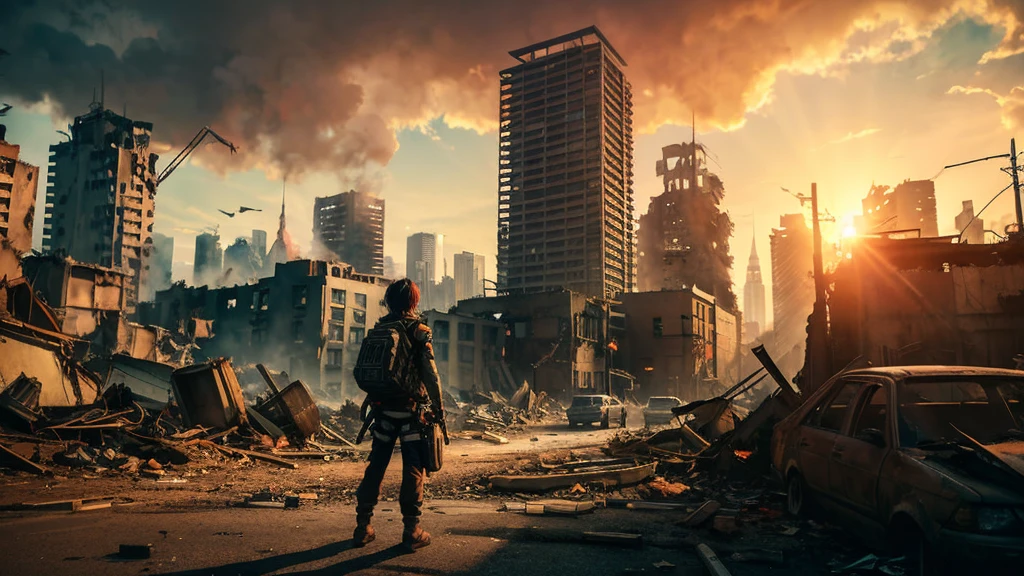 anime scene of a city with a lot of fire and trees, attack on titan scenery, post apocalyptic tokyo, anime scenery concept art, anime background art, outdoors ruined cityscape, in a ruined cityscape, background is a city in ruins, ruined city in the background, ruined cityscape, city ruins background, an ancient city on fire, city ruins in the background, less detailed, dreamy