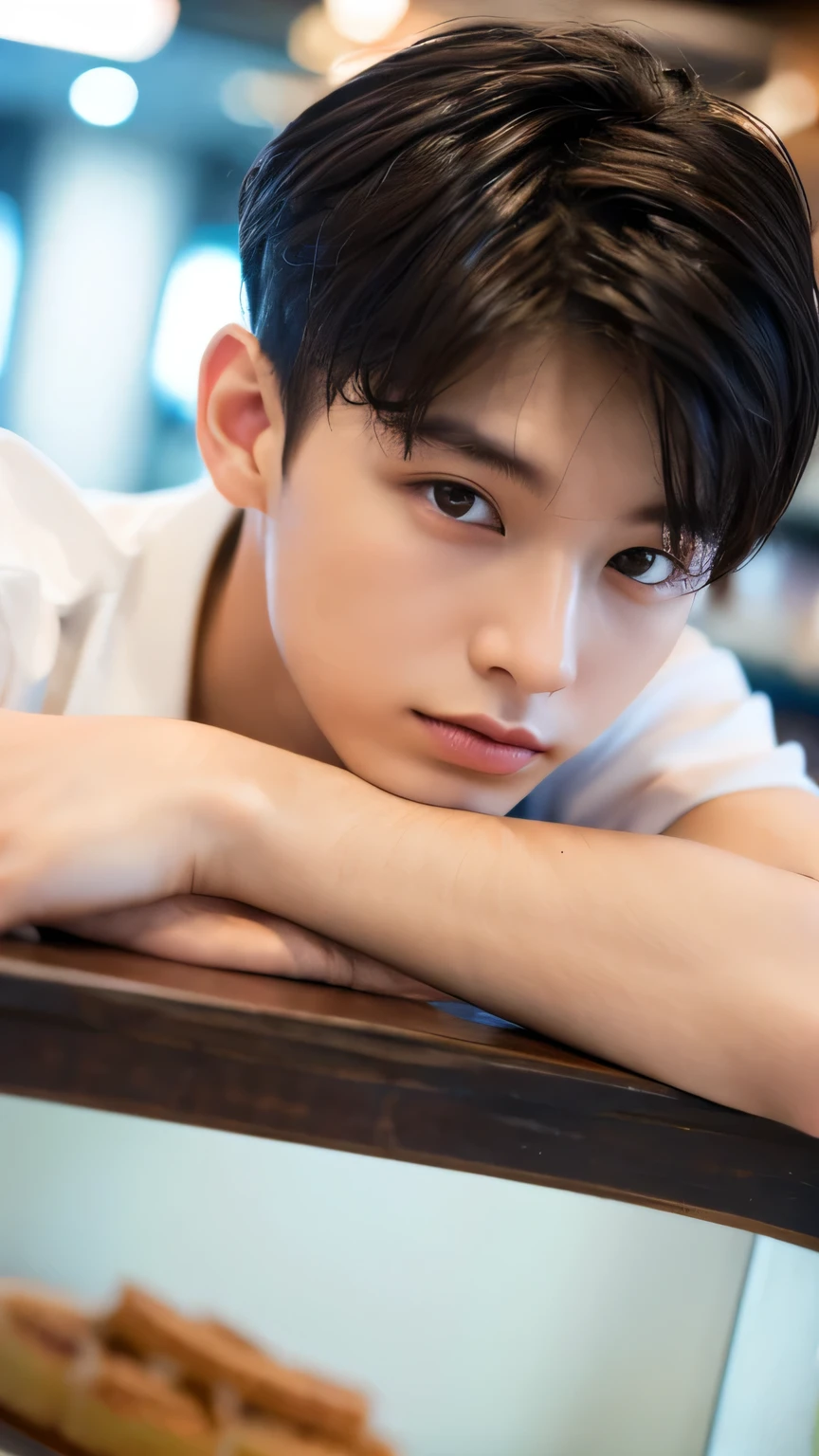 Highest quality, masterpiece, Ultra-high resolution, (Realistic: 1.4), Original photo, wallpaper, Head Photo, skin, Simple Background, Iris, detailed, Selfie, 1 boy, 18-year-old, good looking, Wind,Cake shop
