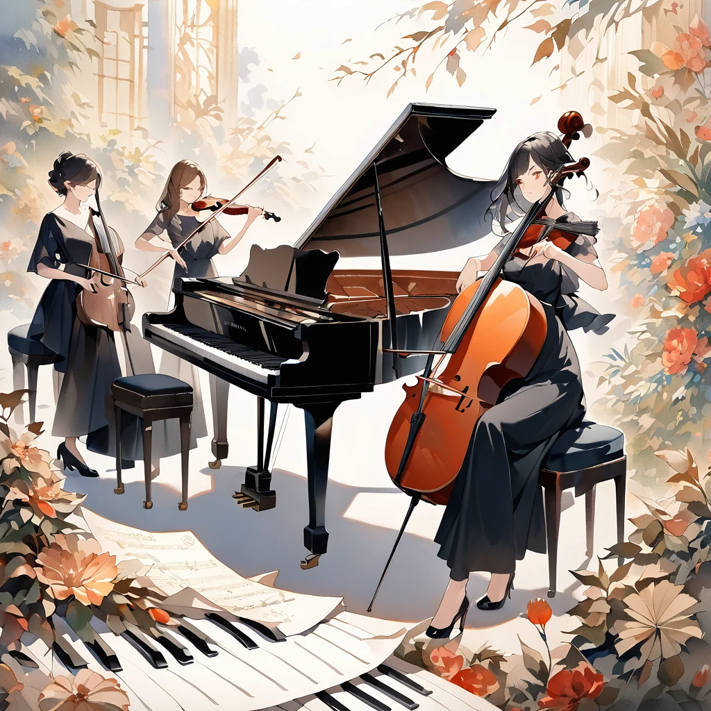 A fusion of watercolor and oil painting, A fusion of paper cutting and shadow art, Highest quality, Super Fine, 16K, 2.5D, Delicate and dynamic depiction, trio, (((piano, violin, cello))), Three beautiful female performers in black dresses, Portraiture, Elegant effect, Detailed decorative background, Old paper texture, Abstract Painting