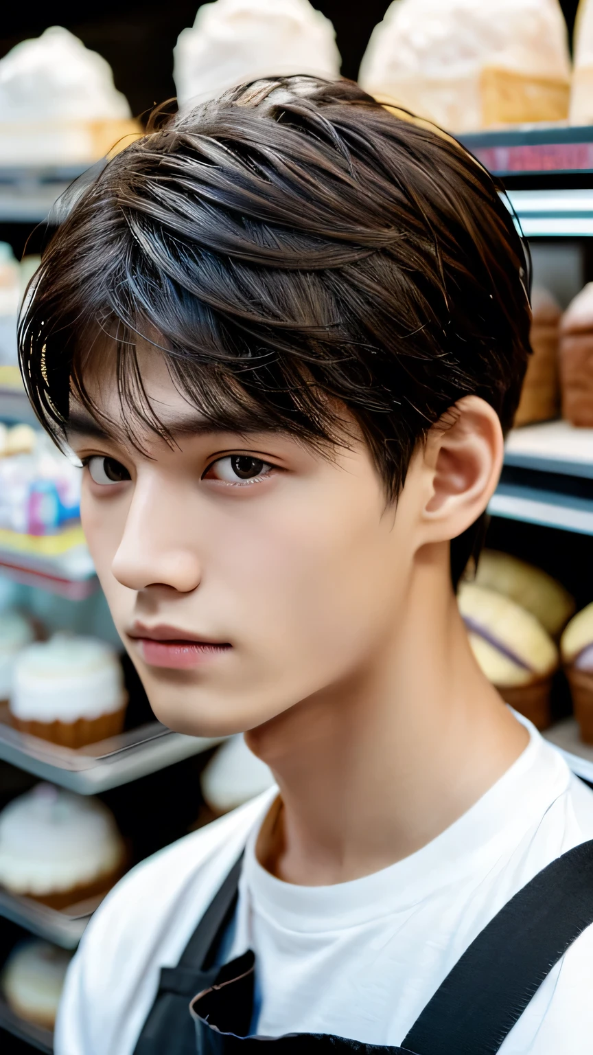 Highest quality, masterpiece, Ultra-high resolution, (Realistic: 1.4), Original photo, wallpaper, Head Photo, skin, Simple Background, Iris, detailed, Selfie, 1 boy, 18-year-old, good looking, Wind,Cake shop