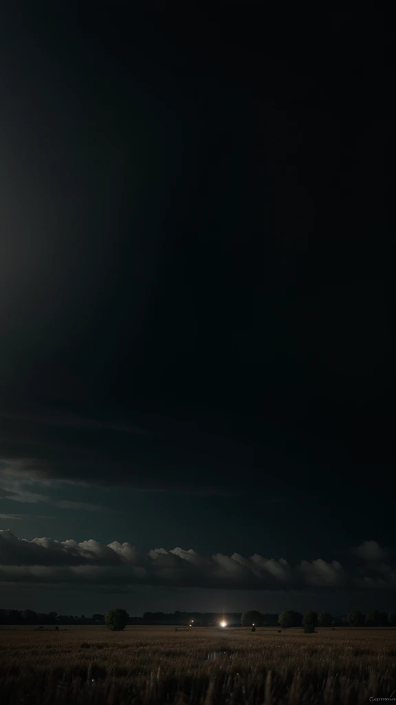 paysage ,Au premier plan un champ la nuit , l'entree en forme de cercle tres sombre dans d'une foret sinistre ,ciel couvert nuages , croissant de lune , grain de cinema