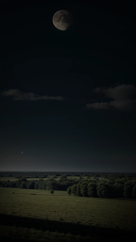 paysage ,Au premier plan un champ la nuit , l'entree en forme de cercle tres sombre dans d'une foret sinistre ,ciel couvert nuages , croissant de lune , grain de cinema