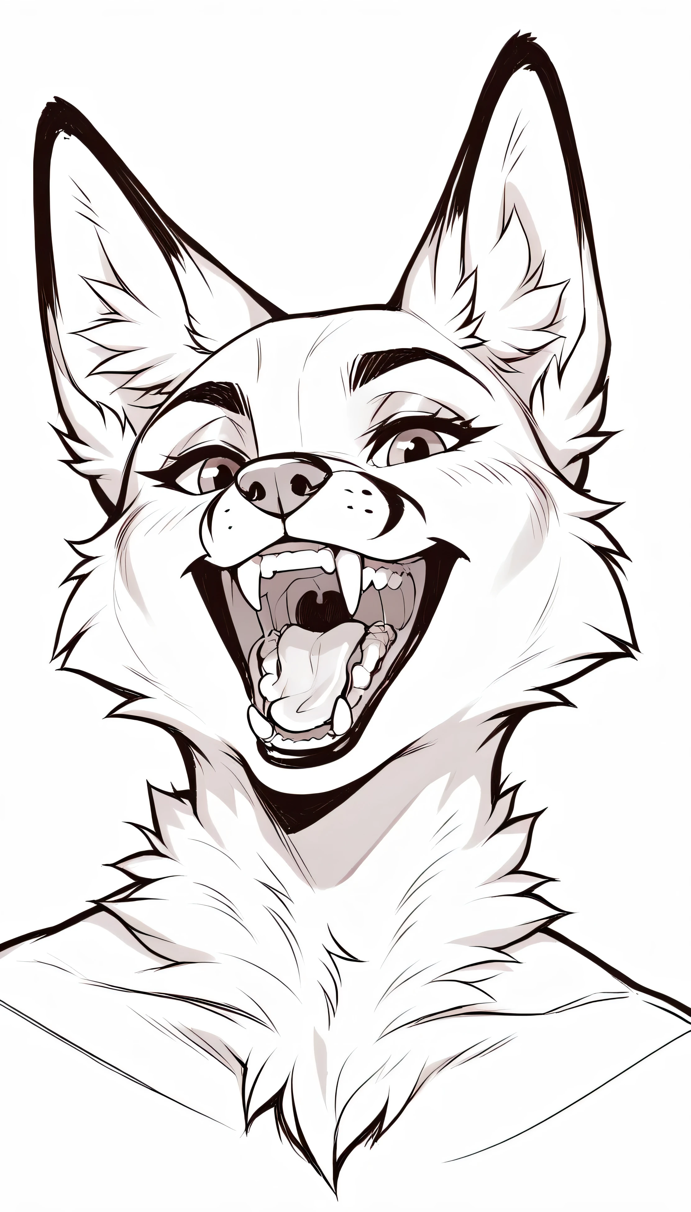 lineart drawing of furry fox mouth wide open with teeth close up line art
