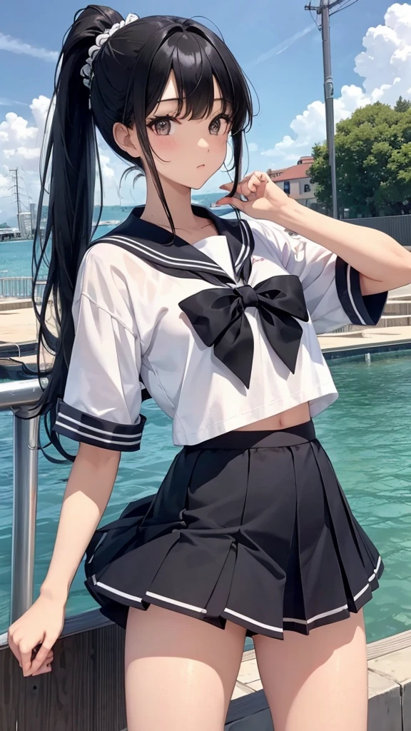 、beautiful girl、ponytail、Black Hair、Sailor suit、mini skirt、Thigh coordination、