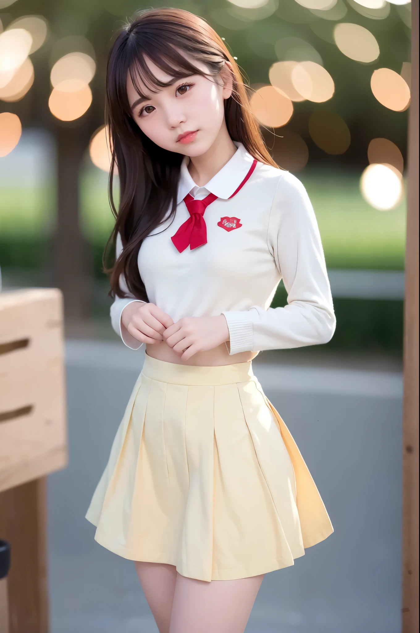 Cheerleading长,small smile,Cheerleading,Cheerleading长 uniform, (((masterpiece))), (((best quality))), ((Extremely detailed)), (illustration), ((Extremely delicate and beautiful)),(Bokeh,blurred background),(The best shadow), 1 girl,White, Black Hair, Long hair, Kawaii,Lovely,Change, Make the highlights on the eyes sparkle, Character Focus,Head tilt,