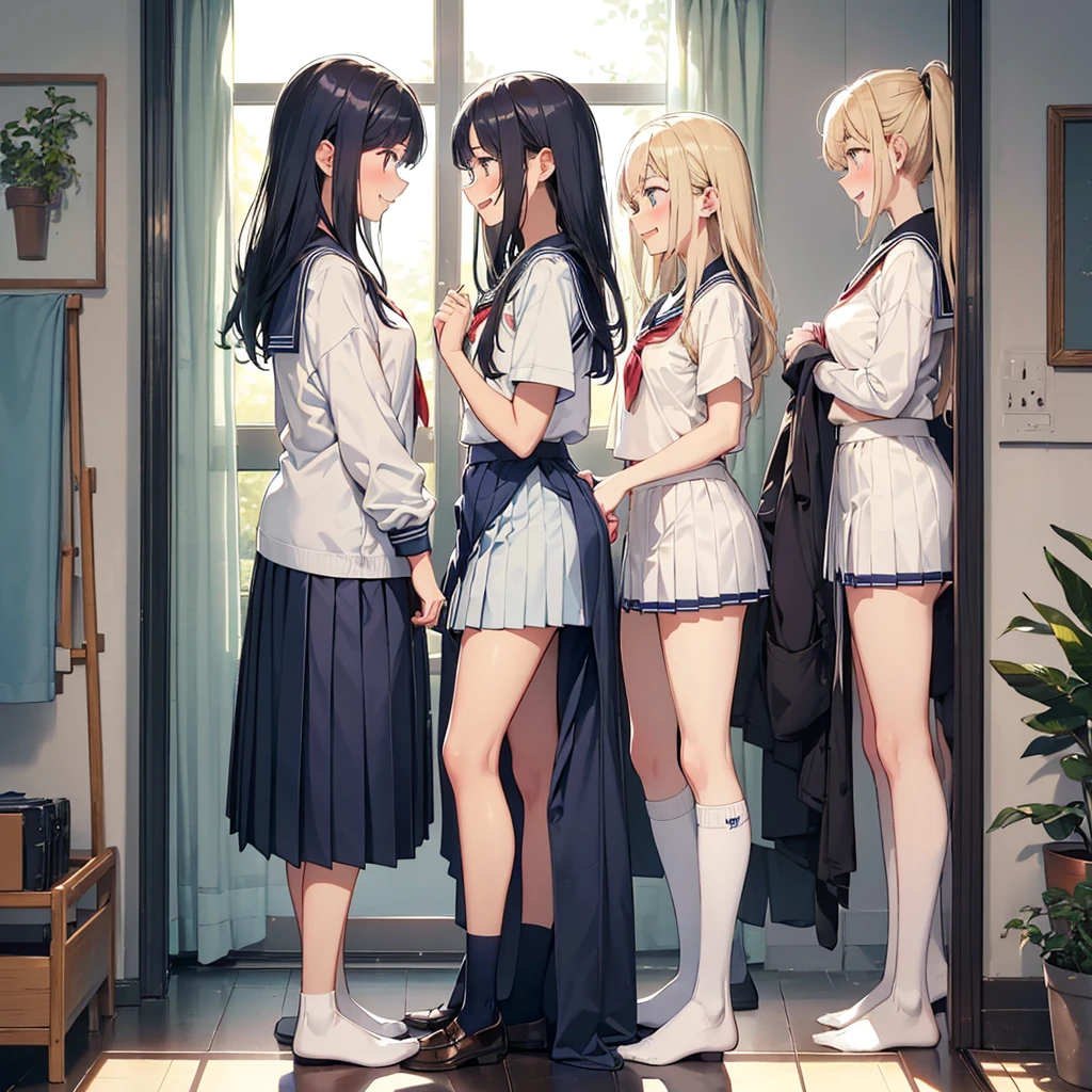 nsfw,side view 5girls,masterpiece, Highest quality, Five girls in a changing room,(looking away:1.2), profile,change clothes, in class room,((undressing)),((half undress)),(((school uniform))),((serafuku)),((Pleated skirt)), ((( みんな同じデザインのを着ている))), (((Everyone is wearing the same navy blue skirt))),topless,
(undressing clothes:1.3), (standing;1.2), thighs,((changing room)),(((loose))),window, ((curtains)),(((They are not looking directly at the viewer))), (((as rather focused on each other,gesturing animatedly as they talk))),(((eye contact))),(((Exchanging glances))),(((exchanging words))),(((calling out))),(((smiling while talking))), engaged in animated conversation and laughter. Their expressions are warm and joyful, as they seem to be catching up with old friends or discussing something interesting. The setting should feel relaxed and inviting, with soft lighting and perhaps a few plants or decorative elements in the background