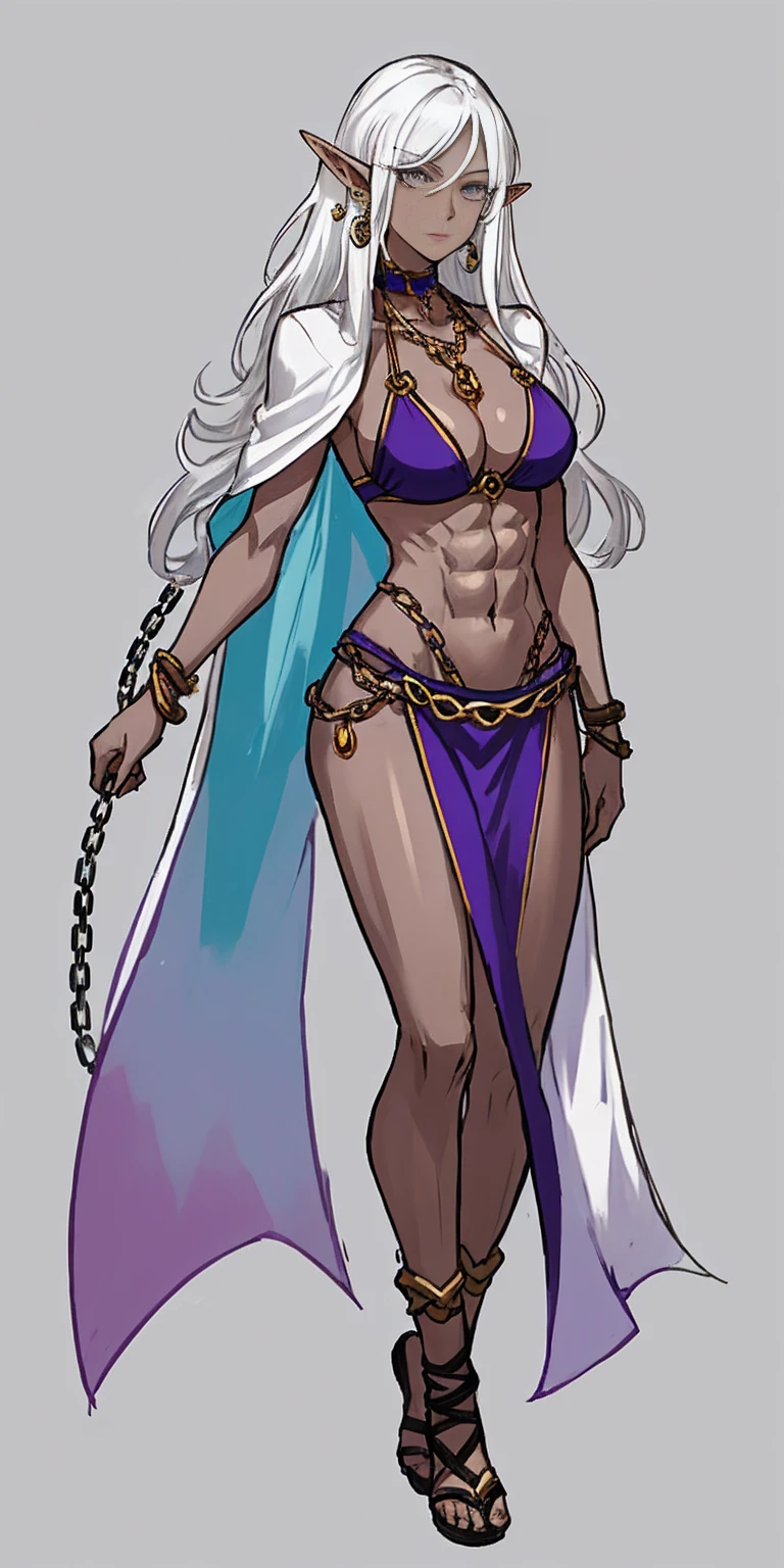 Appearance
Gender: Female
Age: Mature
Race: Drow (elf with dark skin and white hair)
Height: Full-body
Skin: Gray
Skin: Gray
Background: Plain Gray
Eyes: Purple
Attire: Bikini, revealing abdominal muscles
Accessories: Large earrings, ragged rags, chain necklace