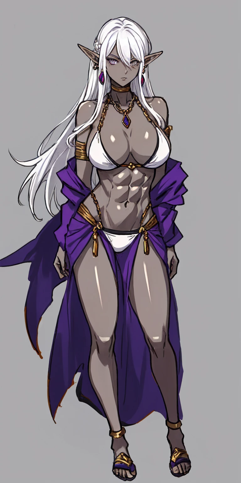 Appearance
Gender: Female
Age: Mature
Race: Drow (elf with dark skin and white hair)
Height: Full-body
Skin: Gray
Skin: Gray
Background: Plain Gray
Eyes: Purple
Attire: Bikini, revealing abdominal muscles
Accessories: Large earrings, ragged rags, chain necklace