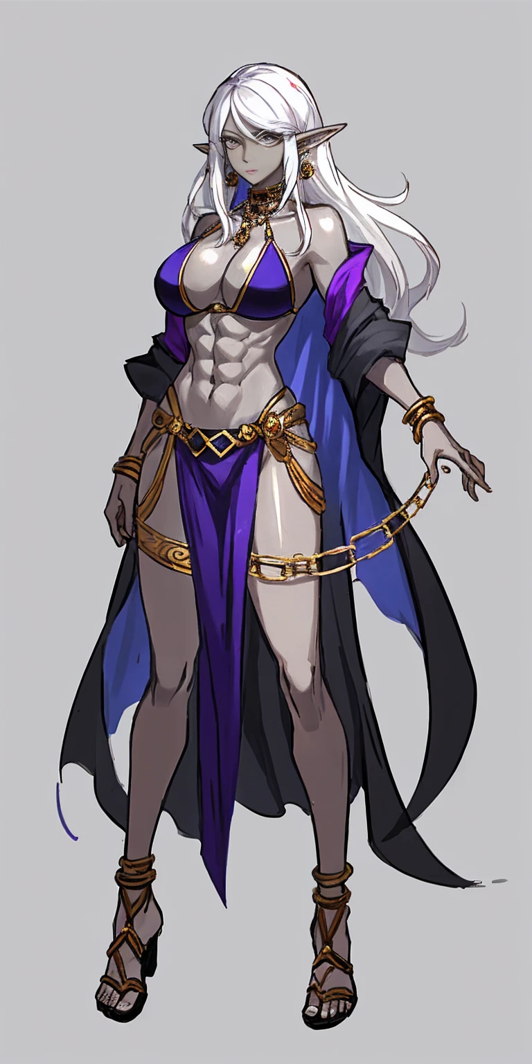 Appearance
Gender: Female
Age: Mature
Race: Drow (elf with dark skin and white hair)
Height: Full-body
Skin: Gray
Skin: Gray
Background: Plain Gray
Eyes: Purple
Attire: Bikini, revealing abdominal muscles
Accessories: Large earrings, ragged rags, chain necklace