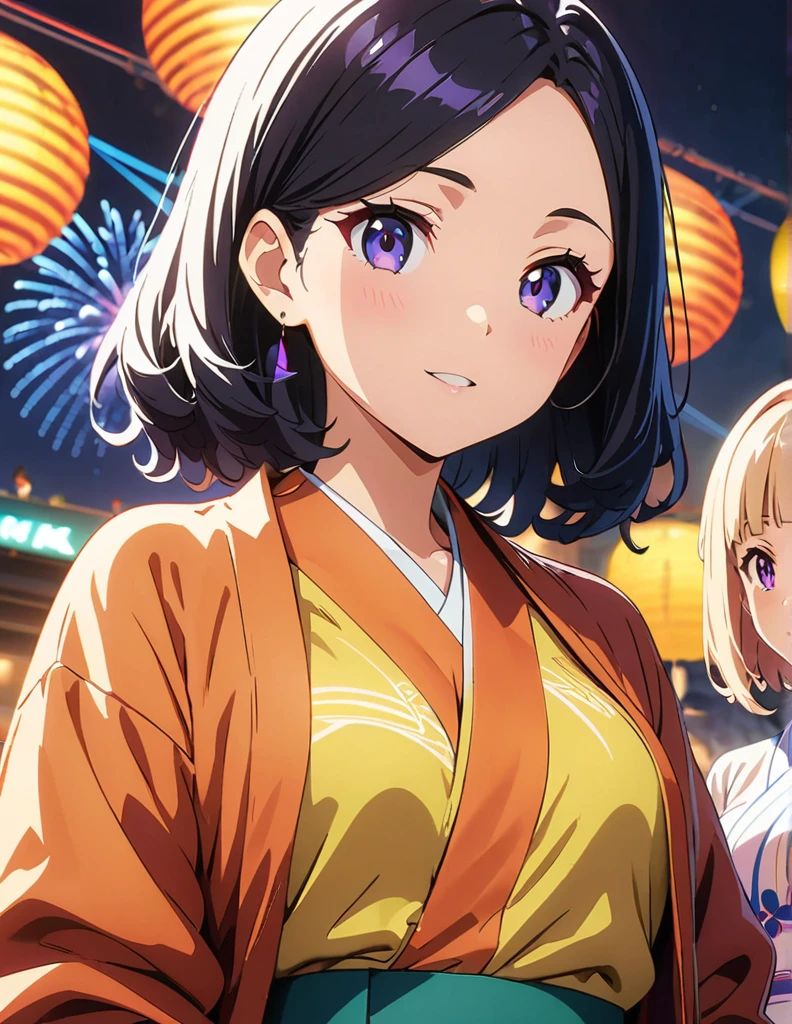 (anime artwork, anime style, studio anime, very detailed, up to date, vibrant, Anime Coloring, high contrast, masterpiece:1.2, best quality, best aesthetics),3 girl,Yukata,firework night festival Medium chest,random hair, One eye is hidden by the bangs, perfect proportions, high detail skin, Cute, detailed faces, precise fingers,