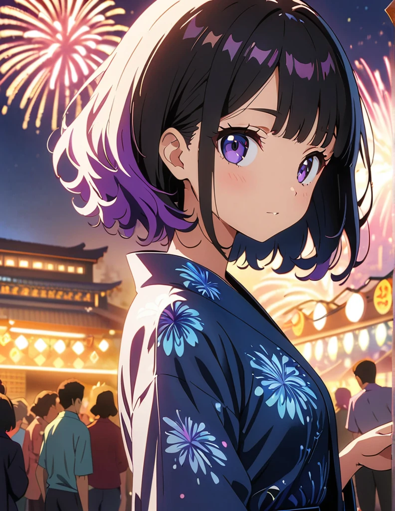 (anime artwork, anime style, studio anime, very detailed, up to date, vibrant, Anime Coloring, high contrast, masterpiece:1.2, best quality, best aesthetics),3 girl,Yukata,firework night festival Medium chest,random hair, One eye is hidden by the bangs, perfect proportions, high detail skin, Cute, detailed faces, precise fingers,
