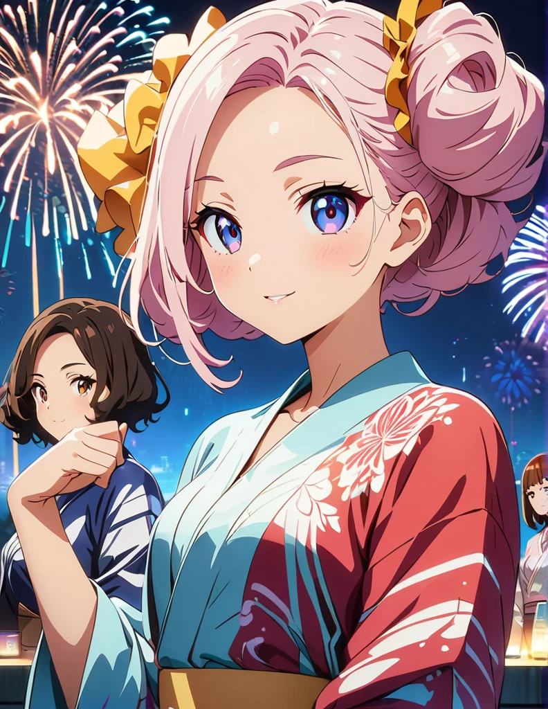 (anime artwork, anime style, studio anime, very detailed, up to date, vibrant, Anime Coloring, high contrast, masterpiece:1.2, best quality, best aesthetics),3 girl,Yukata,firework night festival Medium chest,random hair, One eye is hidden by the bangs, perfect proportions, high detail skin, Cute, detailed faces, precise fingers,