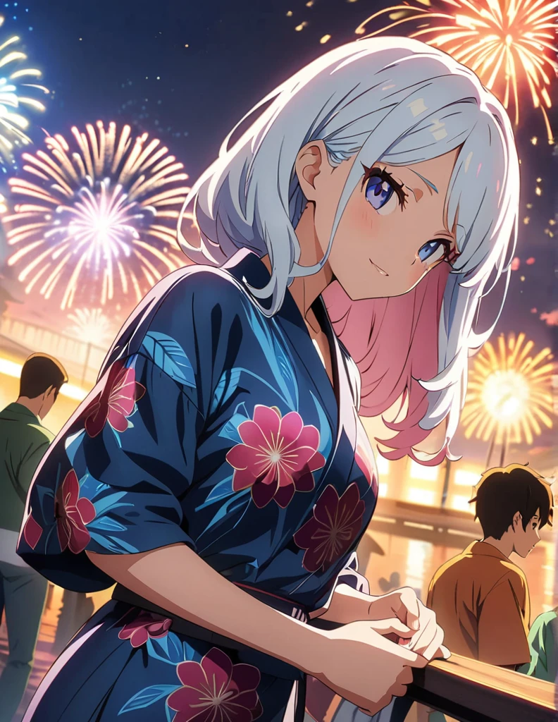 (anime artwork, anime style, studio anime, very detailed, up to date, vibrant, Anime Coloring, high contrast, masterpiece:1.2, best quality, best aesthetics),3 girl,Yukata,firework night festival Medium chest,random hair, One eye is hidden by the bangs, perfect proportions, high detail skin, Cute, detailed faces, precise fingers,