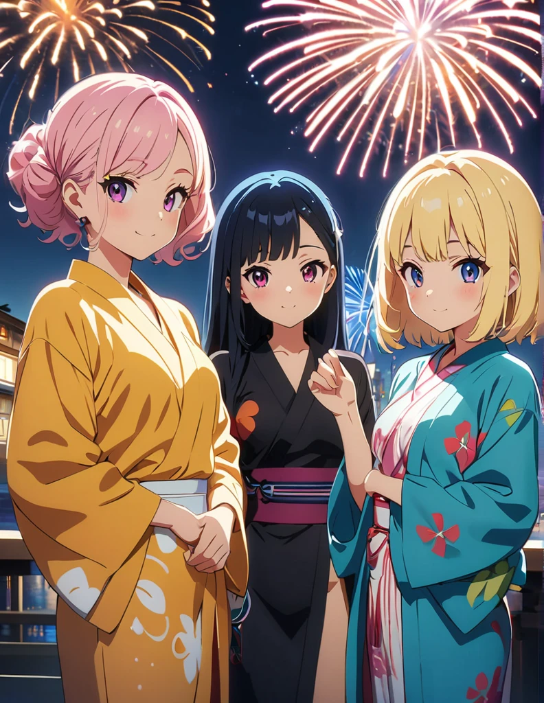 (anime artwork, anime style, studio anime, very detailed, up to date, vibrant, Anime Coloring, high contrast, masterpiece:1.2, best quality, best aesthetics),3 girl,Yukata,firework night festival Medium chest,random hair, One eye is hidden by the bangs, perfect proportions, high detail skin, Cute, detailed faces, precise fingers,