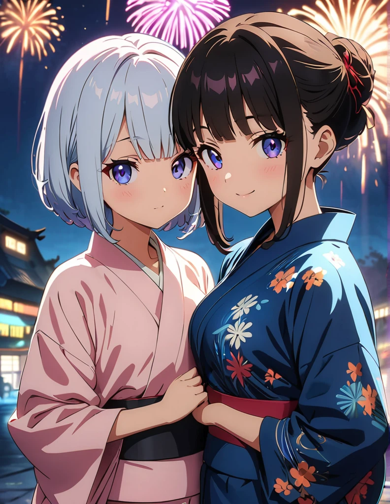 (anime artwork, anime style, studio anime, very detailed, up to date, vibrant, Anime Coloring, high contrast, masterpiece:1.2, best quality, best aesthetics),3 girl,Yukata,firework night festival Medium chest,random hair, One eye is hidden by the bangs, perfect proportions, high detail skin, Cute, detailed faces, precise fingers,
