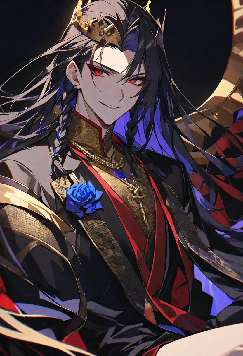 alone,good looking,
1. male,
bangs,Straight hair,Bob Hair,
Black Hair,
Satoru Gojo ,noble,
Red eyes,A fearless smile is beautiful,Sexy,darkness,Gold Necklace,
Black suit ,King,crown,Slender,Blue Rose Tattoo,
Black Background ,High resolution, sit,Darkness,devil,Black light,iconSolo, Close-up windy hair, Side braids,