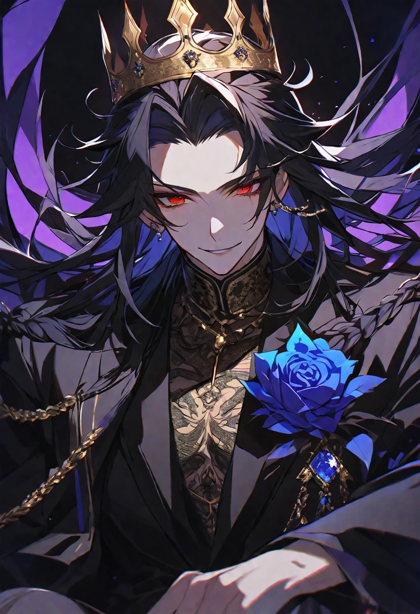 alone,good looking, 
1. male,
bangs,Straight hair,Bob Hair,
Black Hair, 
Satoru Gojo ,noble,
Red eyes,A fearless smile is beautiful,Sexy,darkness,Gold Necklace,
Black suit ,King,crown,Slender,Blue Rose Tattoo,
Black Background ,High resolution, sit,Darkness,devil,Black light,iconSolo, Close-up windy hair, Side braids, 