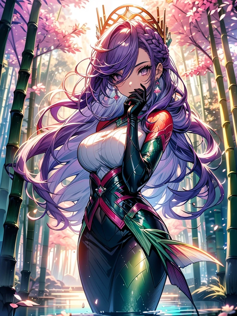 mature woman, 1girl, (masterpiece, best quality, highly detailed), sharp focus, highly detailed face, face focus, highly detailed eyes, long hair, crown braid, shoulder length hair, (purple hair: 1.3), purple eyes, ( sparkling eyes: 1,2), long eyelashes, delicate makeup, big breasts, ((dusk, diamond shard in hand, discovery, bamboo bud background, grass, green particles around, calm sea, cherry blossom background , breeze)), cinematic lighting, edge lightning, ray tracing , shading, dynamic angle, full length image, walking, mermaid, colorful mermaid tail, beautiful black and red scales, wearing jewelry inspired by seashells, vivid black and red fin, swimming in clear tropical waters,