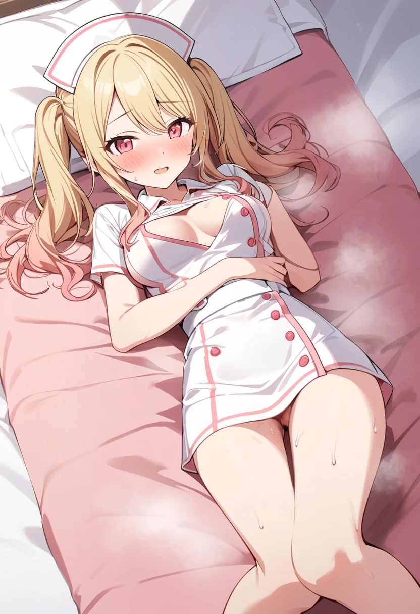 Generate an image of Honami Mochizuki from Project Sekai. She is a high school student with long, straight hair in a blonde color.,with a slight curl. Her side hair is shorter and also slightly curled.Often, has big, gentle red eyes and a warm, friendly expression.nsfw,steam,medium breasts,sweat,1girl,Gradient with pink tips,Twin tails,white nurse cosplay,full body,lie on back,bare breasts