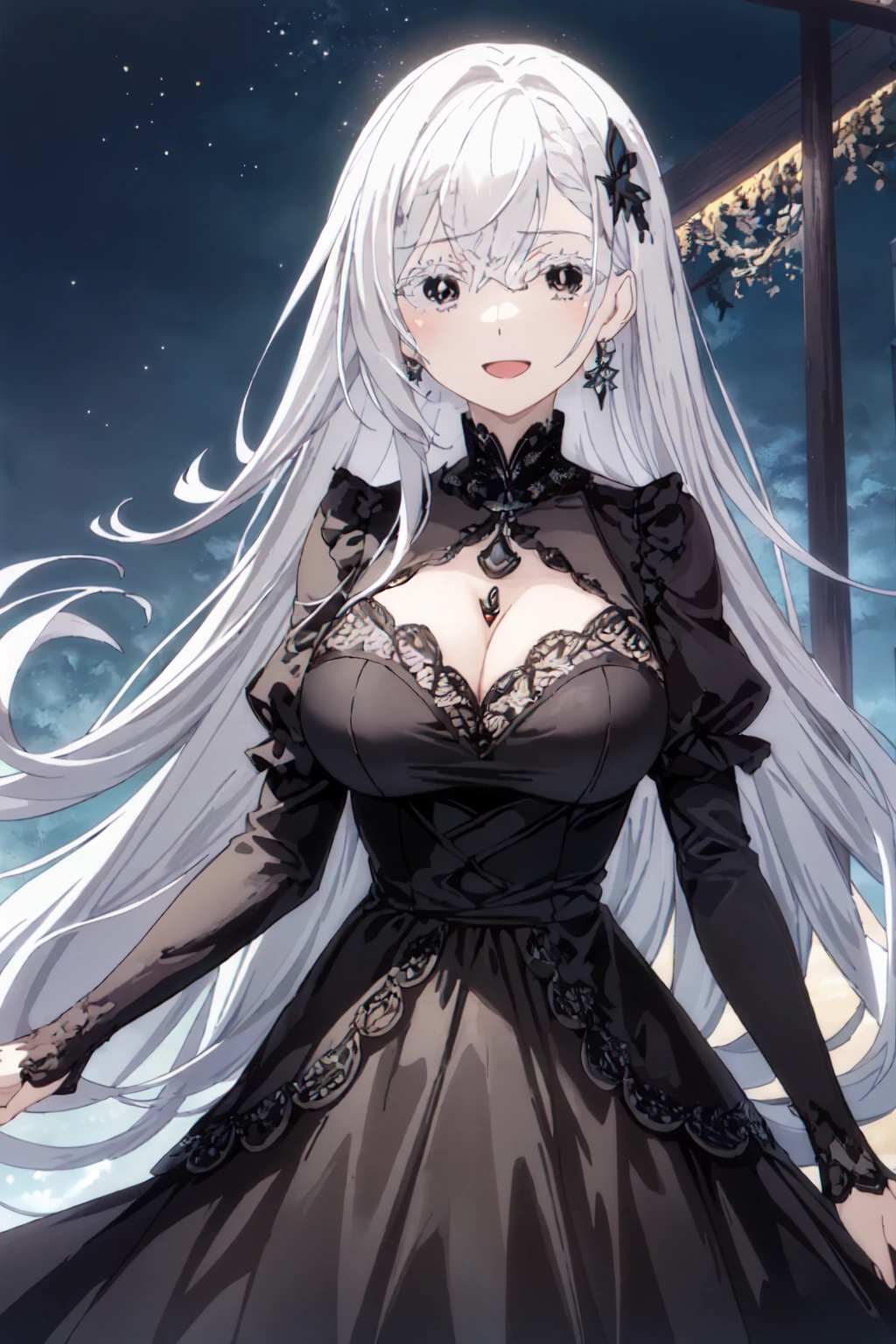 (masterpiece:1.2, Highest quality),  colorful, Hyper Detail, Intricate details, wallpaper, 1 girl, alone, echidna, Black Dress, (Detailed fantasy outdoor background), Large Breasts, View your viewers, smile, Side Lock, Long white hair, hair ornaments, [belly button], Upper Body, Long sleeve, （Black lace dress:1.4)Opening mouth,Similar to You&#39;suffocate again,In the photo, she seems stunned.,Busty woman posing for a photo,Perfect expression,Likely to burst,Your breasts will get bigger,huge ,A lewd tattoo is carved into the cleavage,My breasts are getting bigger,Big ,Are standing、(half:1.3), Wide Hips, Thick thighs, (Thigh Gap:1.2), Big Ass,