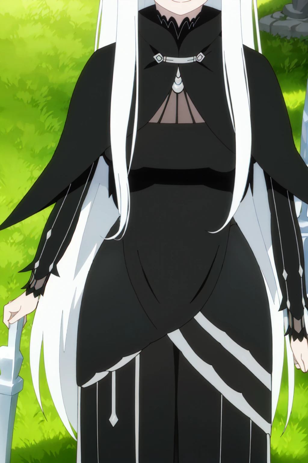 (masterpiece:1.2, Highest quality),  colorful, Hyper Detail, Intricate details, wallpaper, 1 girl, alone, echidna, Black Dress, (Detailed fantasy outdoor background), Large Breasts, View your viewers, smile, Side Lock, Long white hair, hair ornaments, [belly button], Upper Body, Long sleeve, （Black lace dress:1.4)Are standing、(half:1.3), Wide Hips, Thick thighs, (Thigh Gap:1.2), Big Ass,