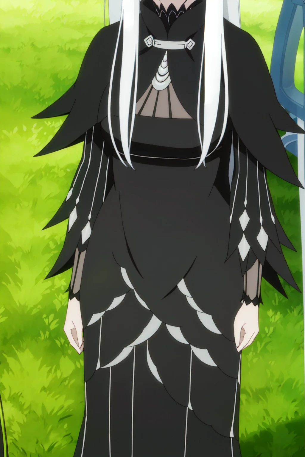 (masterpiece:1.2, Highest quality),  colorful, Hyper Detail, Intricate details, wallpaper, 1 girl, alone, echidna, Black Dress, (Detailed fantasy outdoor background), Large Breasts, View your viewers, smile, Side Lock, Long white hair, hair ornaments, [belly button], Upper Body, Long sleeve, （Black lace dress:1.4)Are standing、(half:1.3), Wide Hips, Thick thighs, (Thigh Gap:1.2), Big Ass,