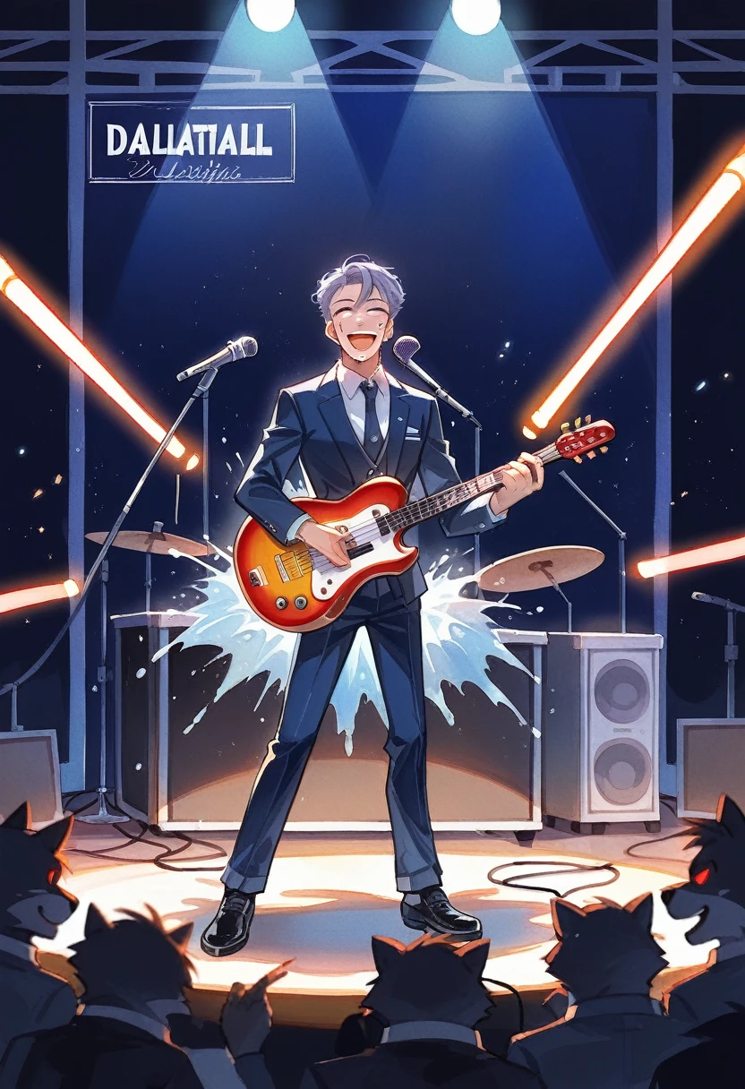 Top quality, picture book cover, movie poster, watercolor, fancy, four-headed, pale color (live house, laser beam, dazzling lighting, mechanized instrument, concert) (very detailed beautiful face and eyes) perfect anatomy (beastman) (beastman, playing a musical instrument, singing with a microphone, live performance, splashing sweat, standing on stage) (furry antro: 1. 2) (features of the animal's face on a furry body) (the muzzle of the animal is very detailed fur) full body, smile with an open mouth (dynamic pose),