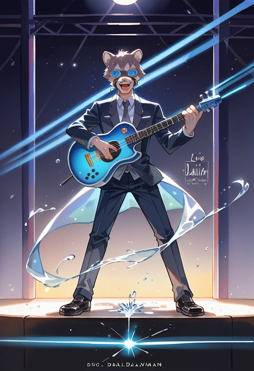 Top quality, picture book cover, movie poster, watercolor, fancy, four-headed, pale color (live house, laser beam, dazzling lighting, mechanized instrument, concert) (very detailed beautiful face and eyes) perfect anatomy (beastman) (beastman, playing a musical instrument, singing with a microphone, live performance, splashing sweat, standing on stage) (furry antro: 1. 2) (features of the animal's face on a furry body) (the muzzle of the animal is very detailed fur) full body, smile with an open mouth (dynamic pose),
