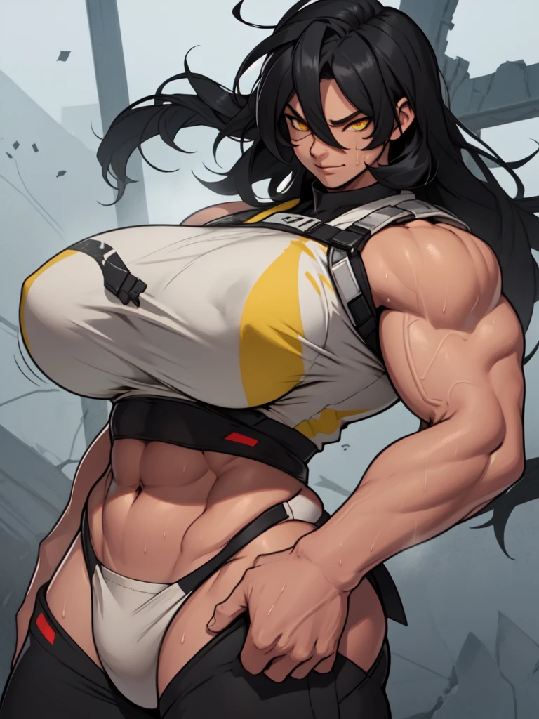 (((muscular girl toned body massive breasts))) yellow eyes black hair between eyes pale skin sweaty massive hair messy hair