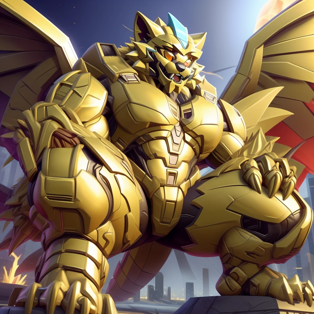 (masterpiece. official art. 8k. best quality. detailed full body. full body.)

(situation 1 : dominating zeraora. Zeraora is over 1000 meters long. focus GIANT mechanical Muscular Zeraora is trampling the city. Looking down. macro. stomp. Low-angle perspective. emphasizing the immense size.)

(situation 2 :smoke and flames rising from the destruction in the city)

(Additional details 1: golden armor. wearing a full-face helmet. high-tech bio-mecha armor. real texture material. whole body shines like metal. Wearing cyberpunk mecha. emphasizes the muscles. suit fully made of metal. intricate armor. Robotic suit. suit fully made of metal. cyborg. Powered exoskeleton with the same design as Zeraora).

(Additional details 2: (Detailed head. Detailed Body. Detailed abs. gigantic muscles. HYPER MUSCLES. Gigachad Muscular. big muscle. pecs. triceps. traps. unusually developed muscular body. body full of huge muscles. showing off muscles. pectorales enormes. Exaggeratedly huge muscles. huge muscles. long legs.).

(Additional details 3: Spread wings. It has wings. have big wings. The claws are sharp. Sharp teeth.5 toes.). sitting on the throne,