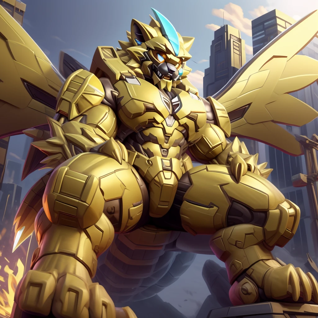 (masterpiece. official art. 8k. best quality. detailed full body. full body.)

(situation 1 : dominating zeraora. Zeraora is over 1000 meters long. focus GIANT mechanical Muscular Zeraora is trampling the city. Looking down. macro. stomp. Low-angle perspective. emphasizing the immense size.)

(situation 2 :smoke and flames rising from the destruction in the city)

(Additional details 1: golden armor. wearing a full-face helmet. high-tech bio-mecha armor. real texture material. whole body shines like metal. Wearing cyberpunk mecha. emphasizes the muscles. suit fully made of metal. intricate armor. Robotic suit. suit fully made of metal. cyborg. Powered exoskeleton with the same design as Zeraora).

(Additional details 2: (Detailed head. Detailed Body. Detailed abs. gigantic muscles. HYPER MUSCLES. Gigachad Muscular. big muscle. pecs. triceps. traps. unusually developed muscular body. body full of huge muscles. showing off muscles. pectorales enormes. Exaggeratedly huge muscles. huge muscles. long legs.).

(Additional details 3: Spread wings. It has wings. have big wings. The claws are sharp. Sharp teeth.5 toes.). sitting on the throne,