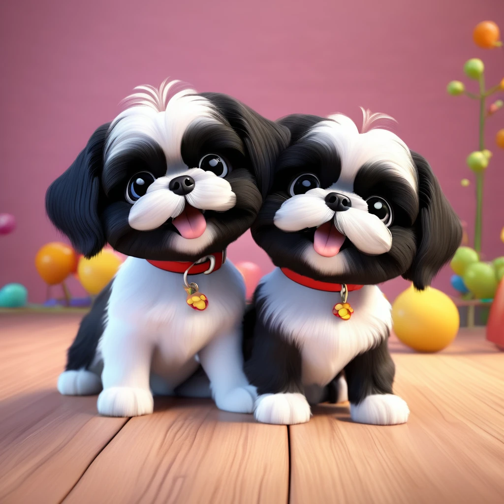 2 Adorable small black Shih Tzu puppies playing Disney background 3d cartoon 3d render disney pixar styleundefined, undefined, undefined, undefined, undefined, undefined, undefined, undefined,