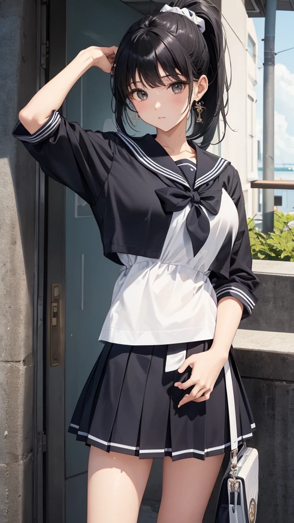 、beautiful girl、ponytail、Black Hair、Sailor suit、mini skirt、Thigh coordination、