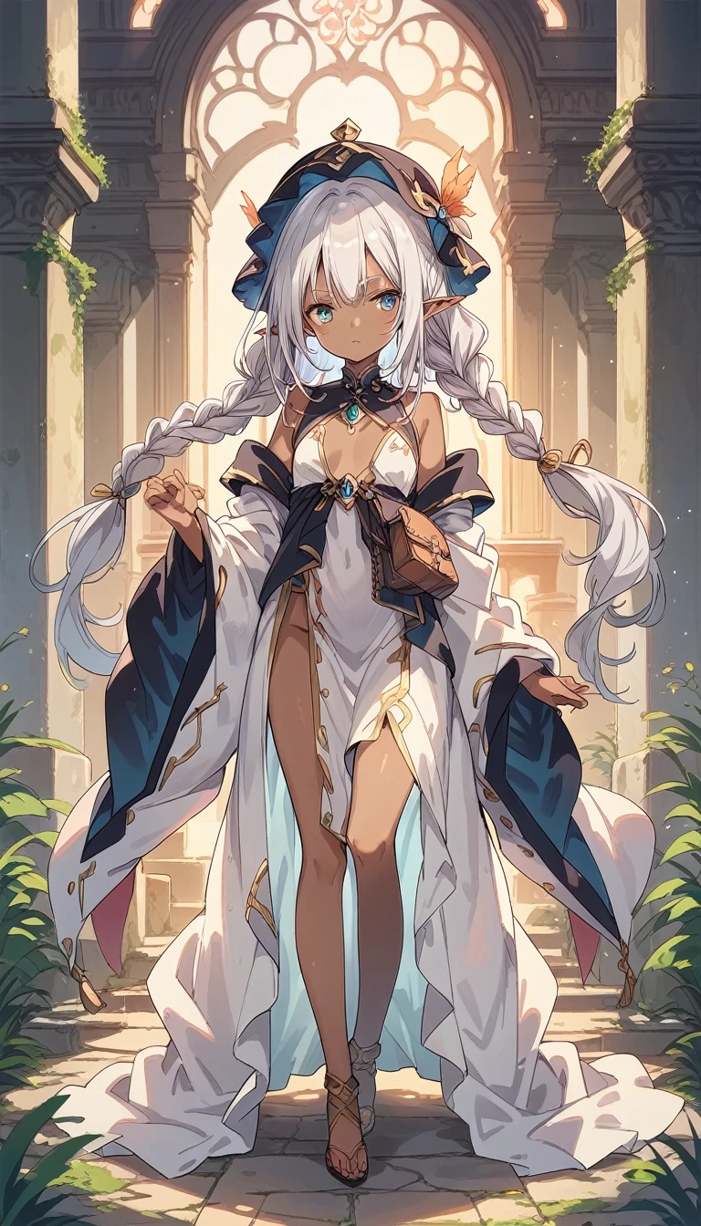 score_9, score_8_up, score_7_up, source_anime, full body, Dark Elf, Female, (dark skin:1.3), (Tall height:1.3), Slender, Small Breasts, Long Braids, Silver Hair, Pointed Hat, Robe
