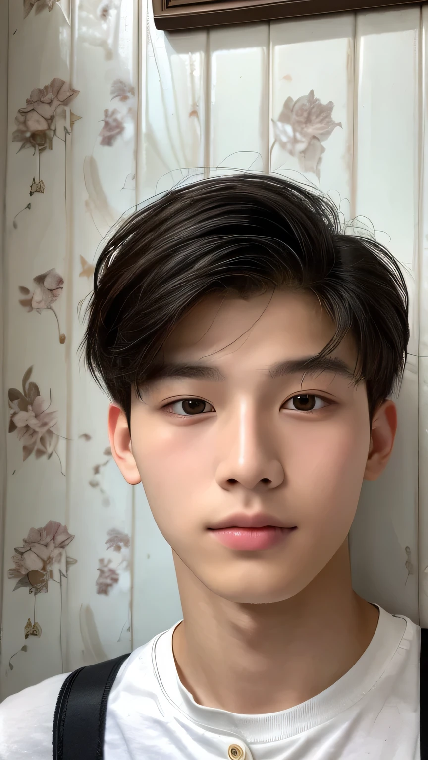 Highest quality, masterpiece, Ultra-high resolution, (Realistic: 1.4), Original photo, wallpaper, Head Photo, skin, Simple Background, Iris, detailed, Selfie, 1 boy, 18-year-old, good looking, Wind,Cake shop