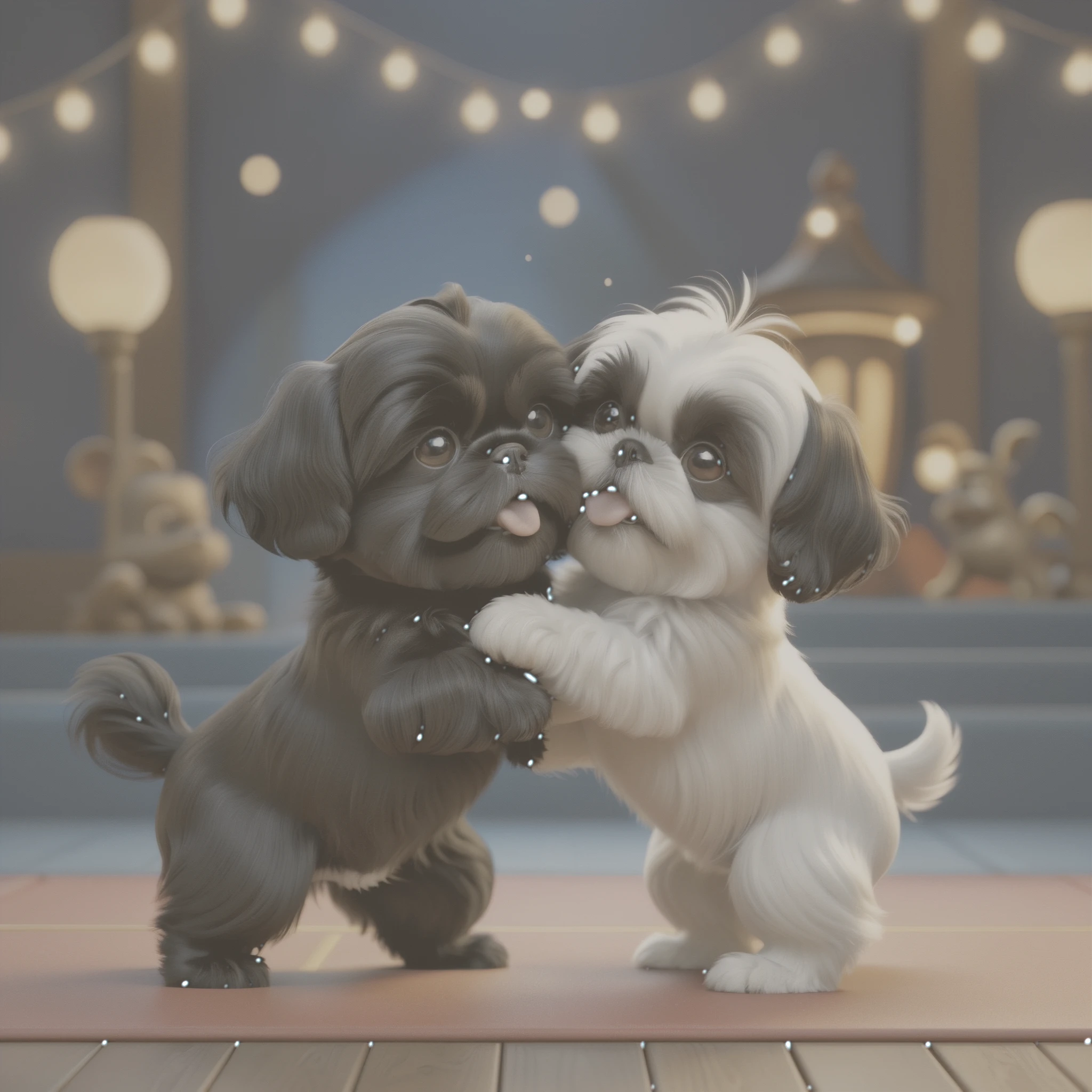2 Adorable small black Shih Tzu puppies wrestling Disney background 3d cartoon 3d render disney pixar styleundefined, undefined, undefined, undefined,