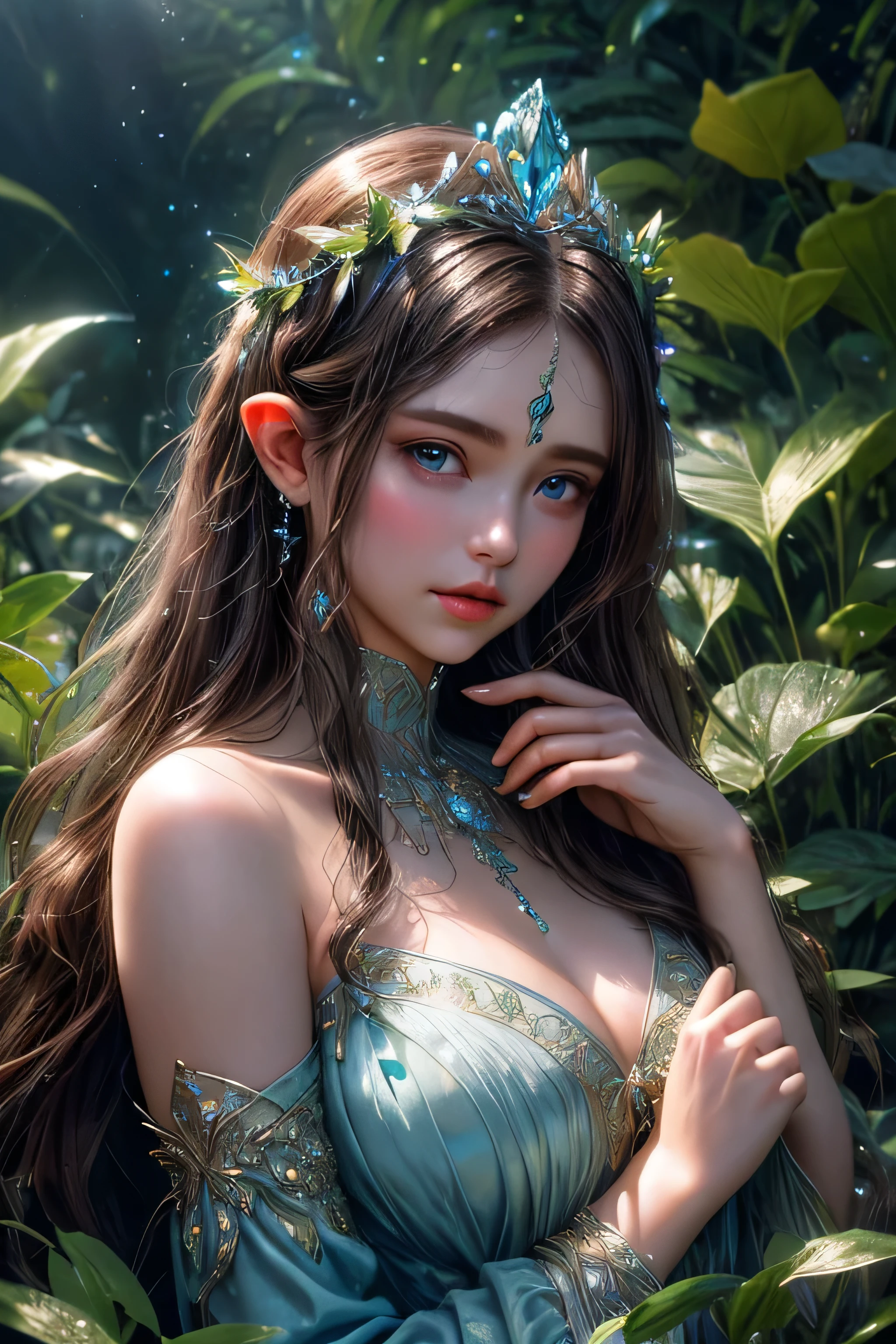 A fairy women wear long milk blue dress, beautiful face, beautiful eyes, long fairy ears, long brown hair, branch tiara, touching the glistening dewdrops hanging on the leaves with her finger, background fairy jungle that have neon glow plants, ray of light, morning vibes, high class fashion, a lot of detail, ornaments, cinematic lighting, close up shot 50mm, high angle, masterpiece, ultra detailed, hyper realistic, ultra hd, 8k