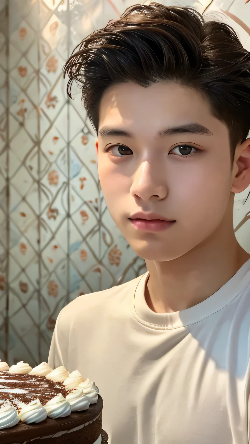 Highest quality, masterpiece, Ultra-high resolution, (Realistic: 1.4), Original photo, wallpaper, Head Photo, skin, Simple Background, Iris, detailed, Selfie, 1 boy, 18-year-old, good looking, Wind,Cake shop