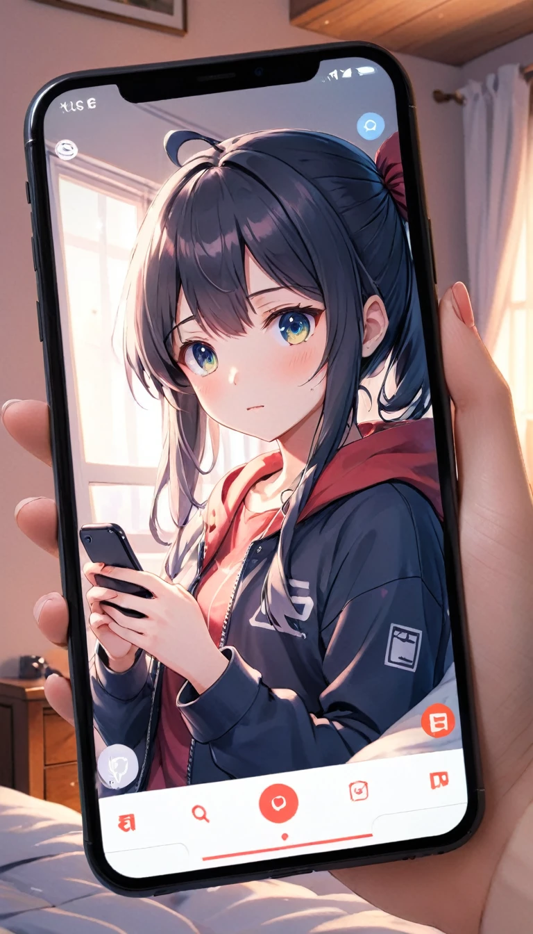 photograph, Anime girl on smartphone screen, Bedroom,